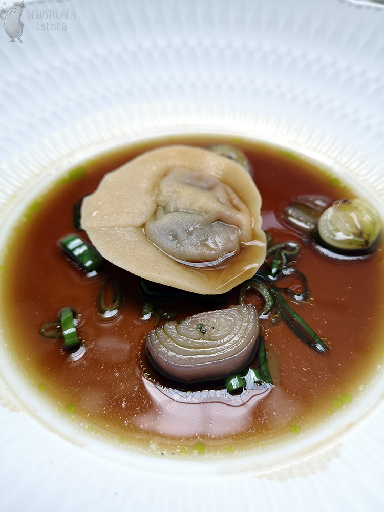 Dark broth in a white deep plate. A large dumpling with a dark filling is slightly dipped in the broth. Pieces of onions lie next to it.