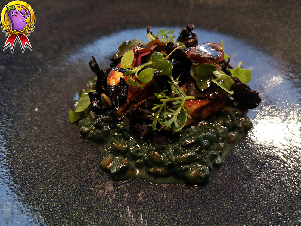 On a dark green plate lies a portion of dark green risotto with black chanterelle.