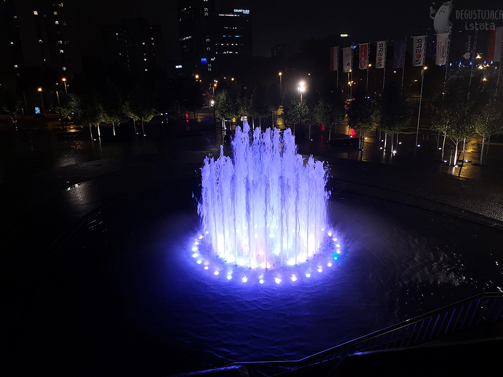 Jest już ciemno i widoczna jest podświetlona na niebiesko fontanna. W tle widać światła i małe drzewa na placu przed budynkiem NOSPR.