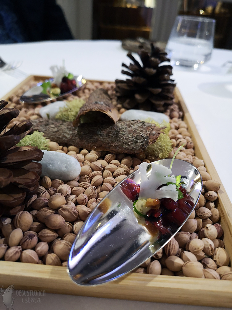 On a box filled with seeds of cherries, with cones, stones and bark, there is a silver boat with a small amount of tartare and a slice of raw cauliflower.