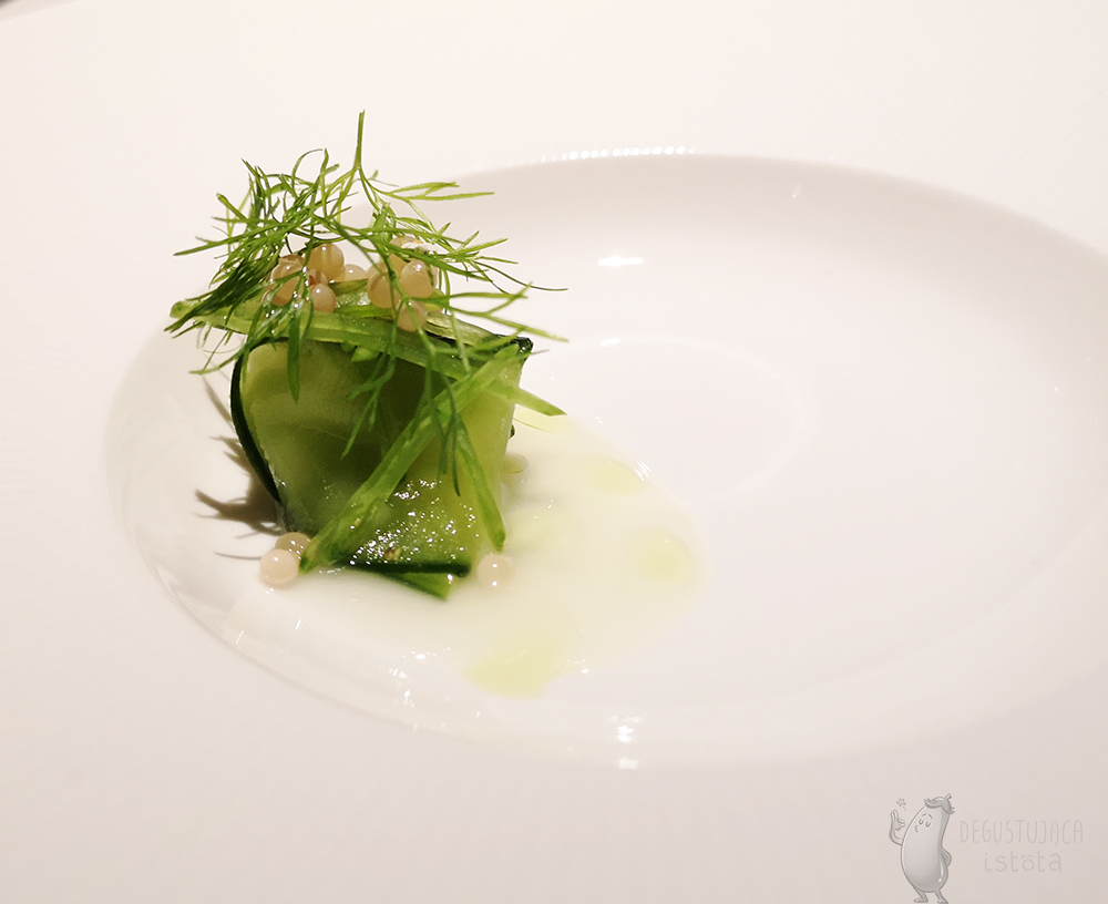 Cucumber slices wrapped on a plate , cut lengthwise. Decorated with white balls of snail caviar and with fennel branches.