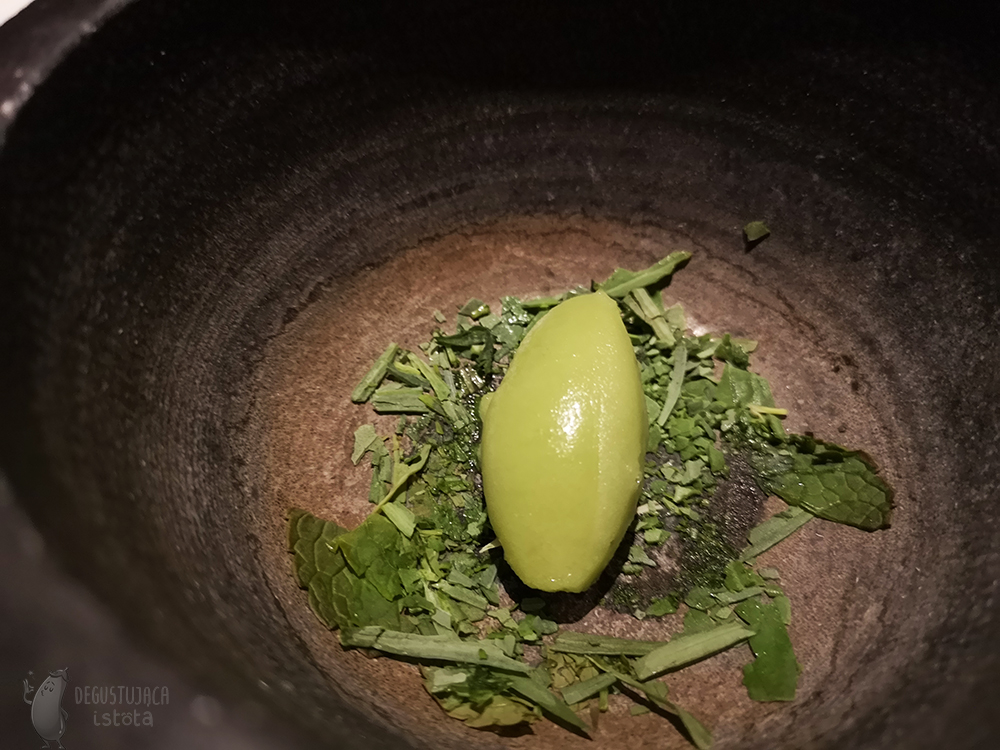 The interior of the mortar with crushed herbs and green sorbet.