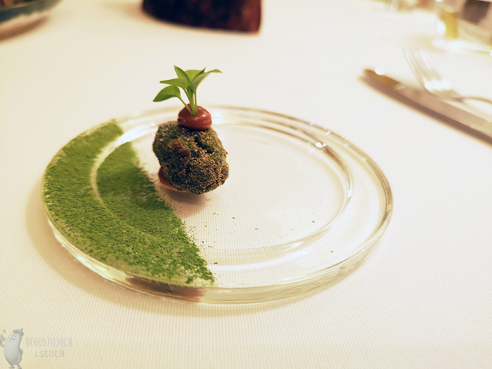 Na okrągłym, szklanym talerzyku jest zielona kulka zrobiona ze ślimaka, na której jest nieco czerwonego sosu i wetknięty na górze liść.