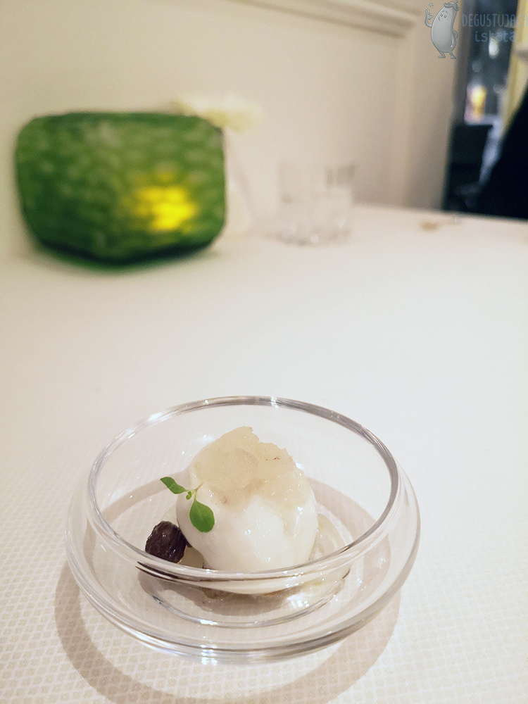  In a small transparent bowl lay raisins and white cream on which light granita crystals lie.