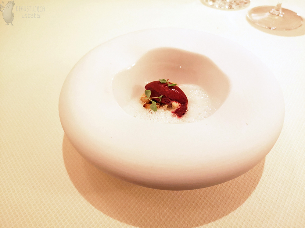  A deep white plate with dark red ice cream surrounded by white foam.
