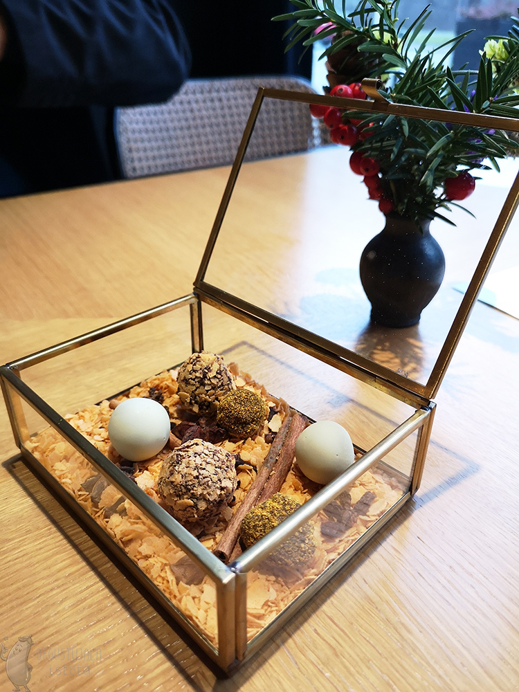  A glass box with six chocolates, located on beige flakes. Next to the pralines is a cinnamon stick.