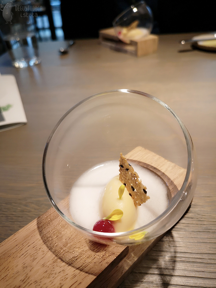 W szklanej kuli z otworem, umieszczonej na drewienku są lody. W koło lodów jest biała piana a w lody włożone jest ciastko.